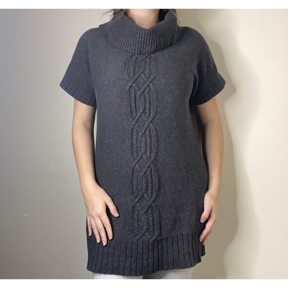 Athleta Gray Chunky Knit Turtleneck Long Tunic Sweater Size Large Cotton - Picture 1 of 9